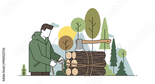 Man Bundles Firewood In Forest Setting