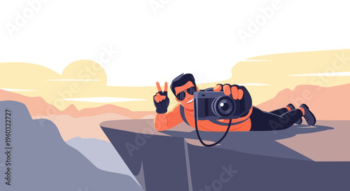 Man Captures Mountain Vista Selfie Peace Gesture Iconic Landscape Photography