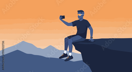 Man Captures Scenic Mountain Vista Selfie During Golden Hour