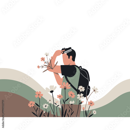 Man Brushing Hair Surrounded by Wildflowers in a Dreamy Landscape