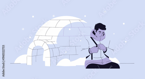 Man Bundled Up In Winter Gear Next To An Igloo During A Snowfall