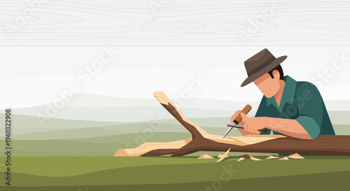Man Carving Wood In Nature A Skillful Artisan Creating Beauty