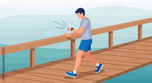 Man Checking Smartwatch While Walking on Wooden Pier Over Calm Water Outdoors