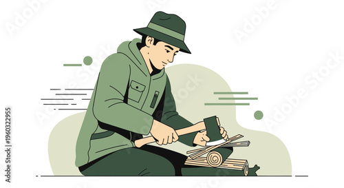 Man Chopping Firewood For Winter Preparation Minimalist Illustration Style