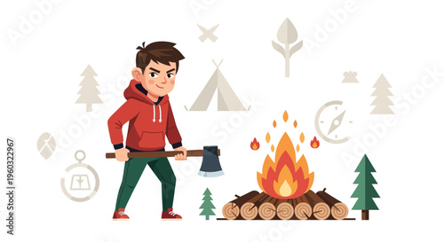 Man Chopping Wood For Campfire Outdoor Adventure Fun