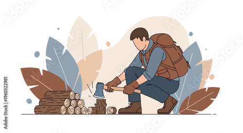 Man Chopping Wood For Survival Outdoors With Backpack