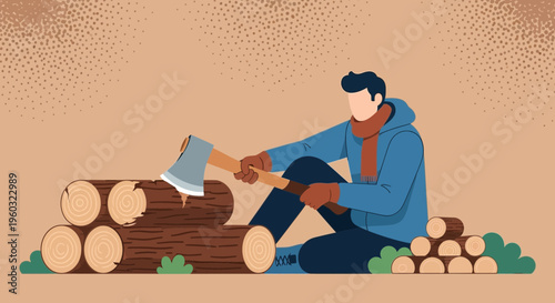Man Chopping Wood For Winter Fuel Preparation