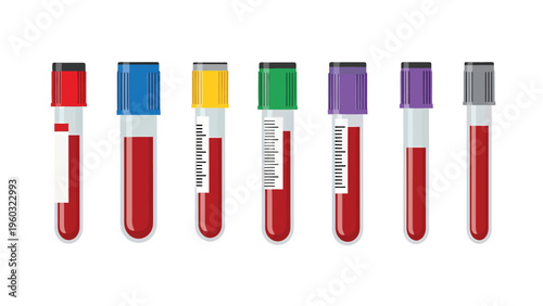 Medical blood collection tubes with colorful caps for laboratory analysis and diagnostics on white background