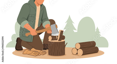 Man Chopping Wood In A Forest Setting With Trees And Logs