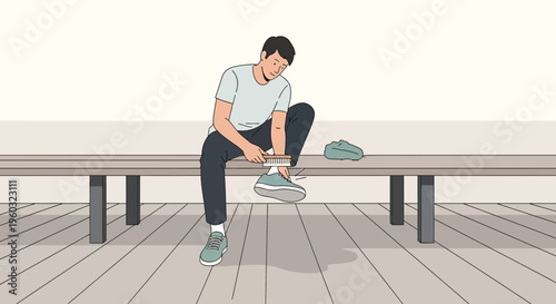 Man Cleans Sneakers With Brush Sitting On A Bench