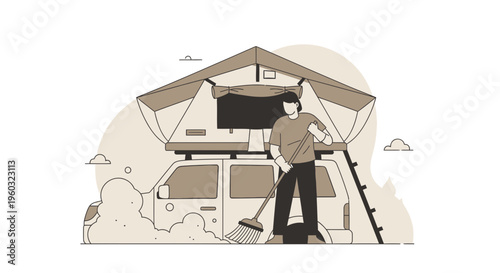 Man Cleaning Camp Site With Roof Top Tent Adventure Lifestyle