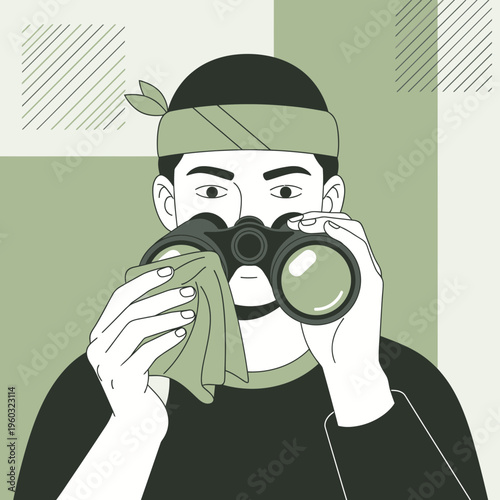 Man Cleaning Binoculars Lens For Enhanced Outdoor Observation Adventures