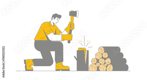 Man Chopping Wood With Axe Preparing Firewood For Winter Season