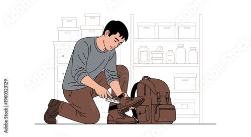 Man Cleans Backpacking Boots Preparing For Outdoor Adventure