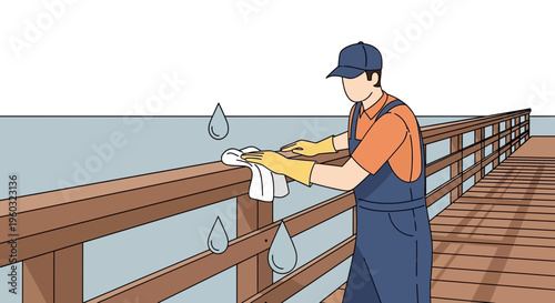Man Cleans Wooden Pier Railing By The Water With A Cloth