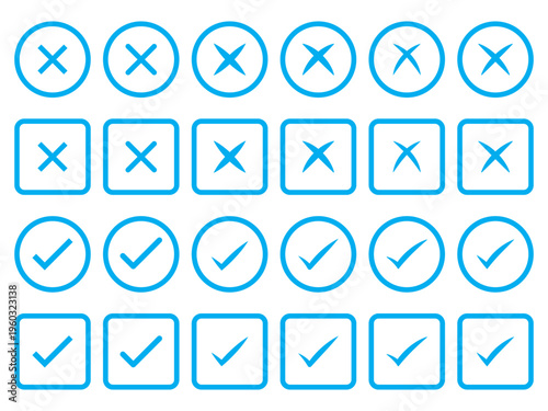 Green check mark and red cross icon set, circle and square. Tick symbol in green color. Hand drawn checkmark illustration. BEST EPS 10