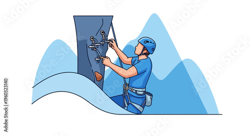 Man Climbing Artificial Rock Wall With Protective Gear And Scenic Mountain Backdrop