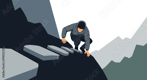 Man Climbing Steep Rocky Mountain Path Determination And Resilience In Harsh Conditions