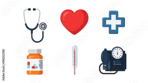 Essential Medical & Healthcare Flat Icons. Stethoscope, Heart, First Aid Cross, Pills Bottle, Thermometer, Blood Pressure Monitor.