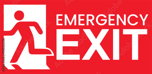 Emergency exit sign featuring a running man symbol on a red background. Safety signage designed for evacuation routes, buildings, offices, and industrial environments to indicate emergency exits clear