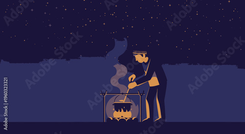 Man Cooking Outdoors Under A Starry Night Sky