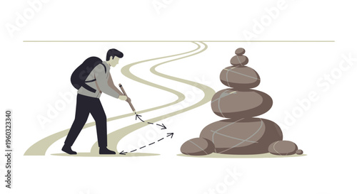 Man Creating Path With Balancing Stones To Navigate Journey