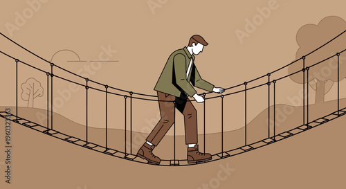 Man Crossing Treacherous Suspension Bridge Towards Unknown Future