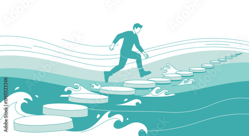 Man Crossing Water On Stepping Stones With Waves Crashing