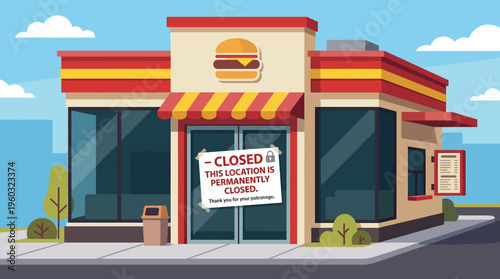 Stylized Vector Illustration of a Closed Fast Food Restaurant Building with a 'Permanently Closed' Sign, Symbolizing Business Failure and Economic Downturn