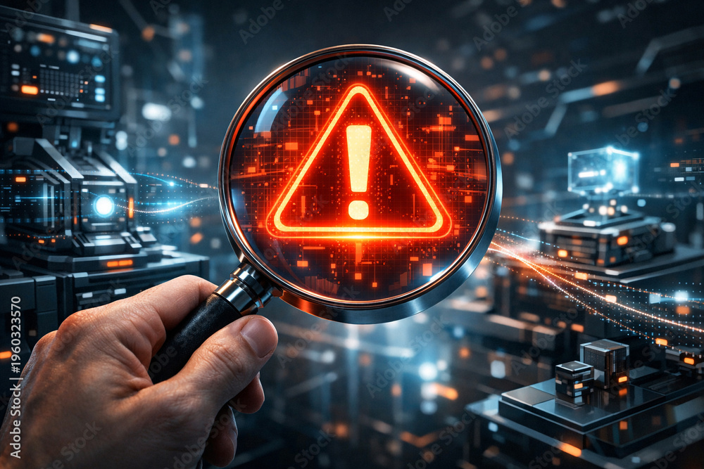 Fototapeta premium Magnifying glass focuses on glowing red warning icon above servers and network hardware, conveying cybersecurity threat detection, network monitoring, incident response, digital risk analysis high-tec