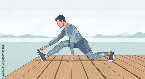 Man Doing Dynamic Hamstring Stretch Outdoors On Wooden Pier