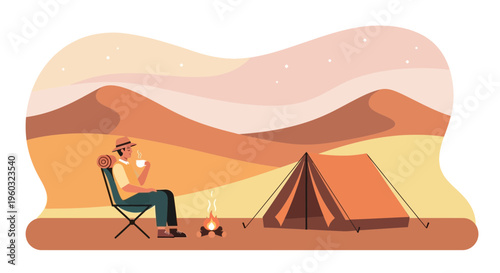 Man Enjoying Coffee At Desert Campsite Under Starlit Sky