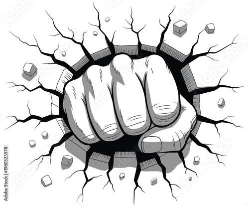 Canvas Print Comic style fist punches through stone wall, dynamic vector illustration with motion lines and debris, pop art effect, isolated on transparent background for action and dramatic design projects