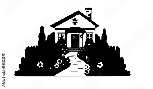 Small house with garden and fence flat vector minimal home illustration design
