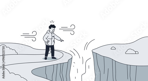 Man Facing A Wide Chasm On A Windswept Cliff Edge