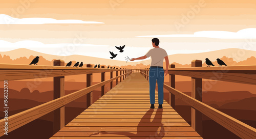 Man Feeding Birds On A Wooden Pier During Sunset
