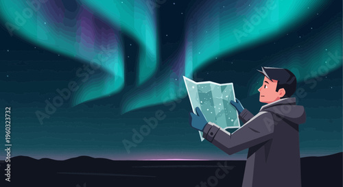 Man Gazes At Aurora Borealis While Studying A Map Under The Stars