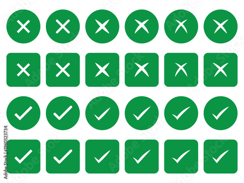 Check tick mark icon set. Cross box check mark checkbox list vector draw hand drawn sketch doodle brush marker checklist symbol wrong right circle. Vector Illustration. Red, Green, Black color EPS 10