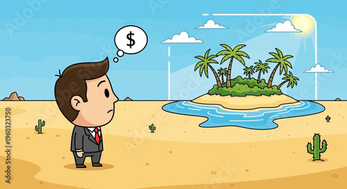 Man Gazes At Desert Island Thinking About Wealth And Prosperity