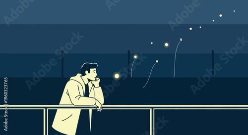 Man Gazing At Fireflies Under The Night Sky