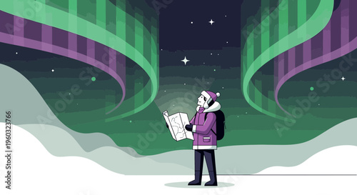 Man Gazing At Aurora Borealis With Map