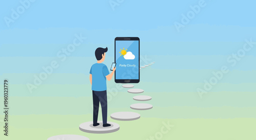 Man Gazing At Giant Smartphone Showing Weather App On Stepping Stones