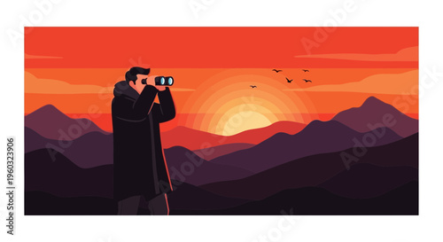 Man Gazing Through Binoculars At A Vibrant Mountain Sunset