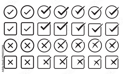 Green check mark and red cross icon set, circle and square. Tick symbol in green color. Hand drawn checkmark illustration. BEST EPS 10