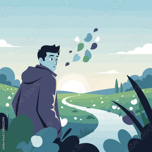 Man Gazing Over Serene Nature Landscape At Sunrise