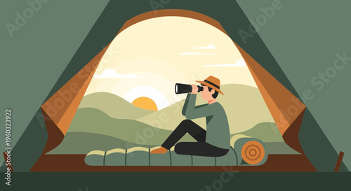 Man Gazing Through Binoculars From Tent Entrance At Sunrise Over Rolling Hills