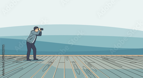 Man Gazing Through Binoculars From Wooden Deck Towards Distant Horizon