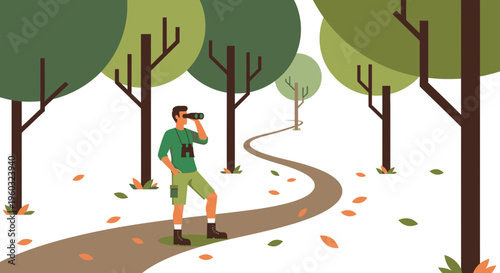 Man Gazing Through Binoculars On Winding Forest Path