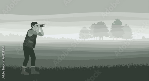 Man Gazing Through Binoculars In A Misty Landscape