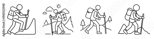 Line art illustration depicting stick figure hikers traversing mountainous landscapes